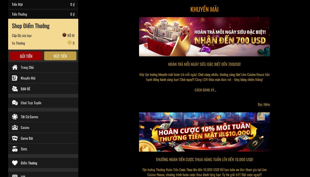 Khuyến mãi hoàn trả Live Casino House