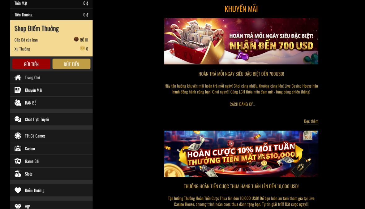 Khuyến mãi hoàn trả Live Casino House